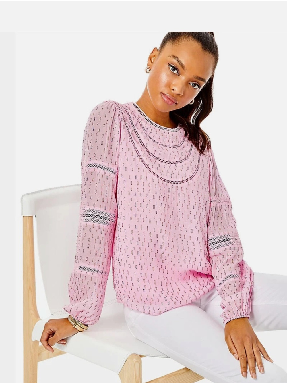 NWT XL Lilly Pulitzer Delicate Pink Lace-Trim Long Sleeve Blouse